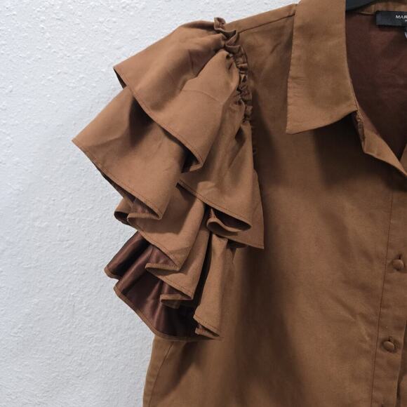 Marc New York Ruffle Sleeve Button Front Blouse Brown Size L - Picture 6 of 12